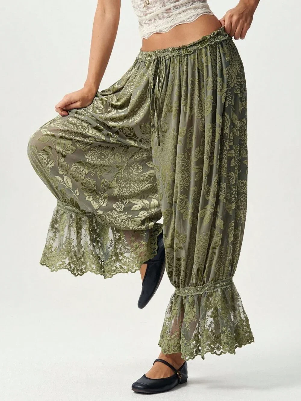 Green Casual Women's Boho Drawstring Waist Floral Lace Patchwork Long Pants